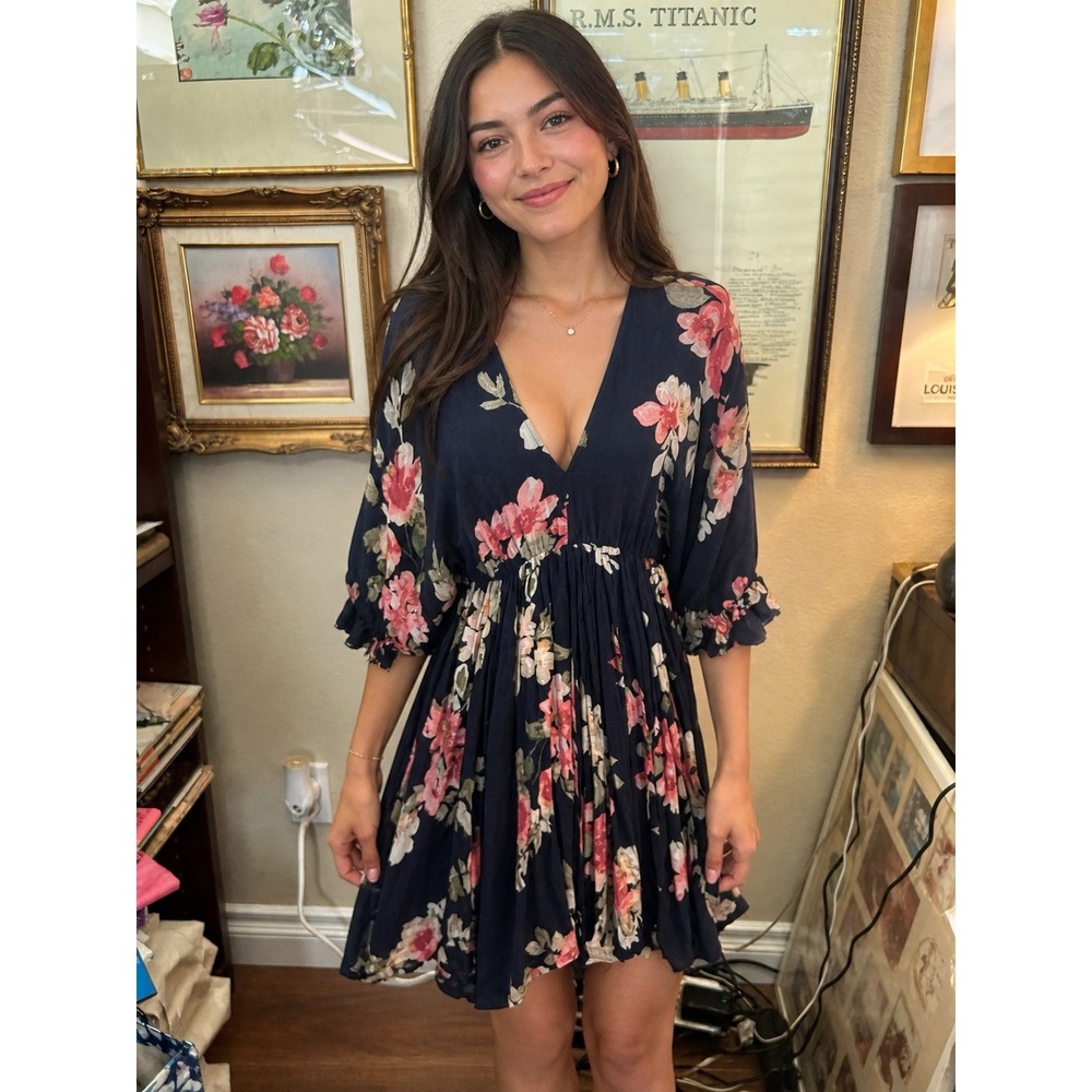 Navy Blue Floral Double V-Neck Mini Dress Size M Ruffle Sleeve Empire Waist - Picture 6 of 6
